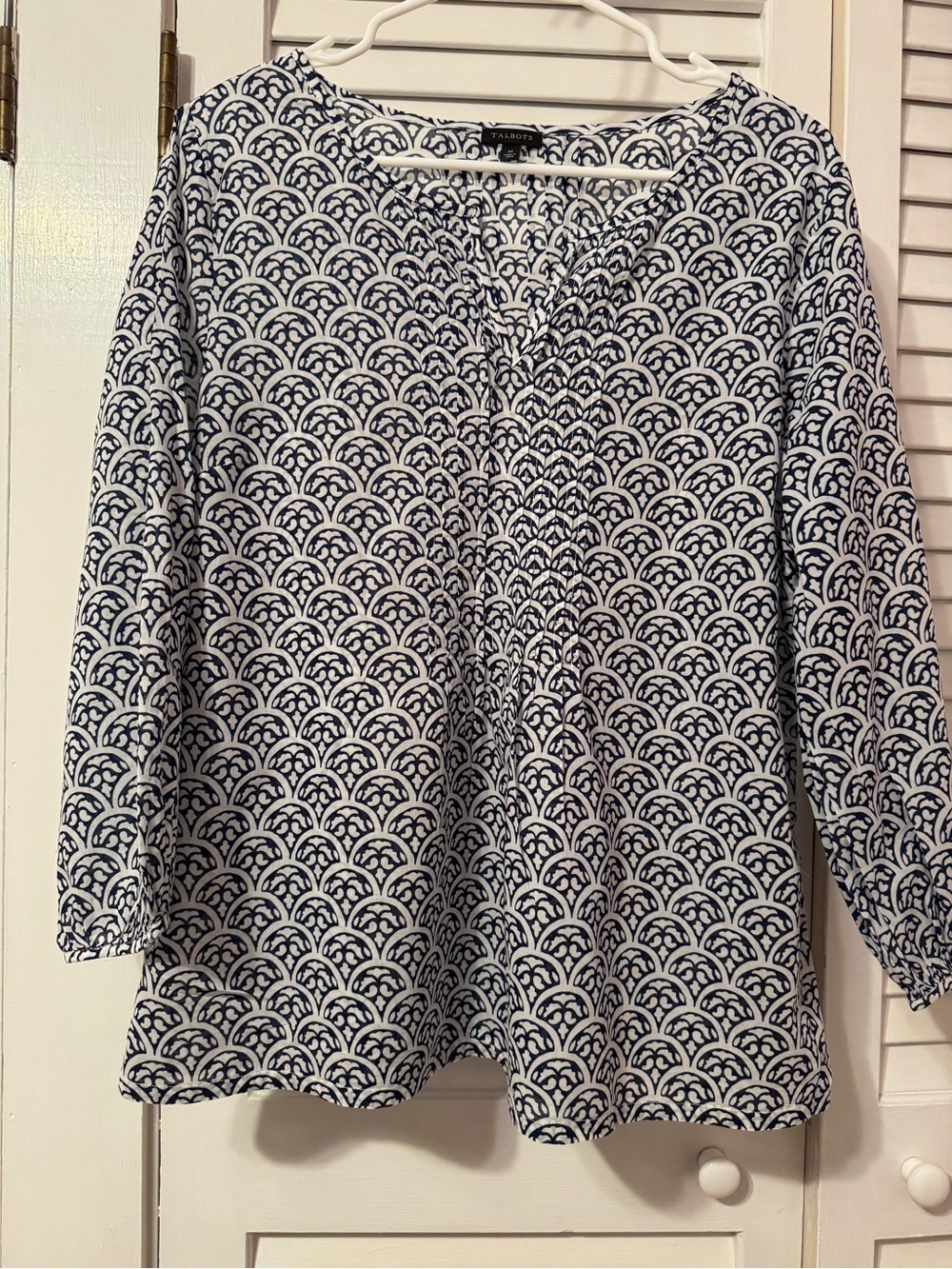 Talbots Navy and White Scallop-Print Split-Neck Tunic